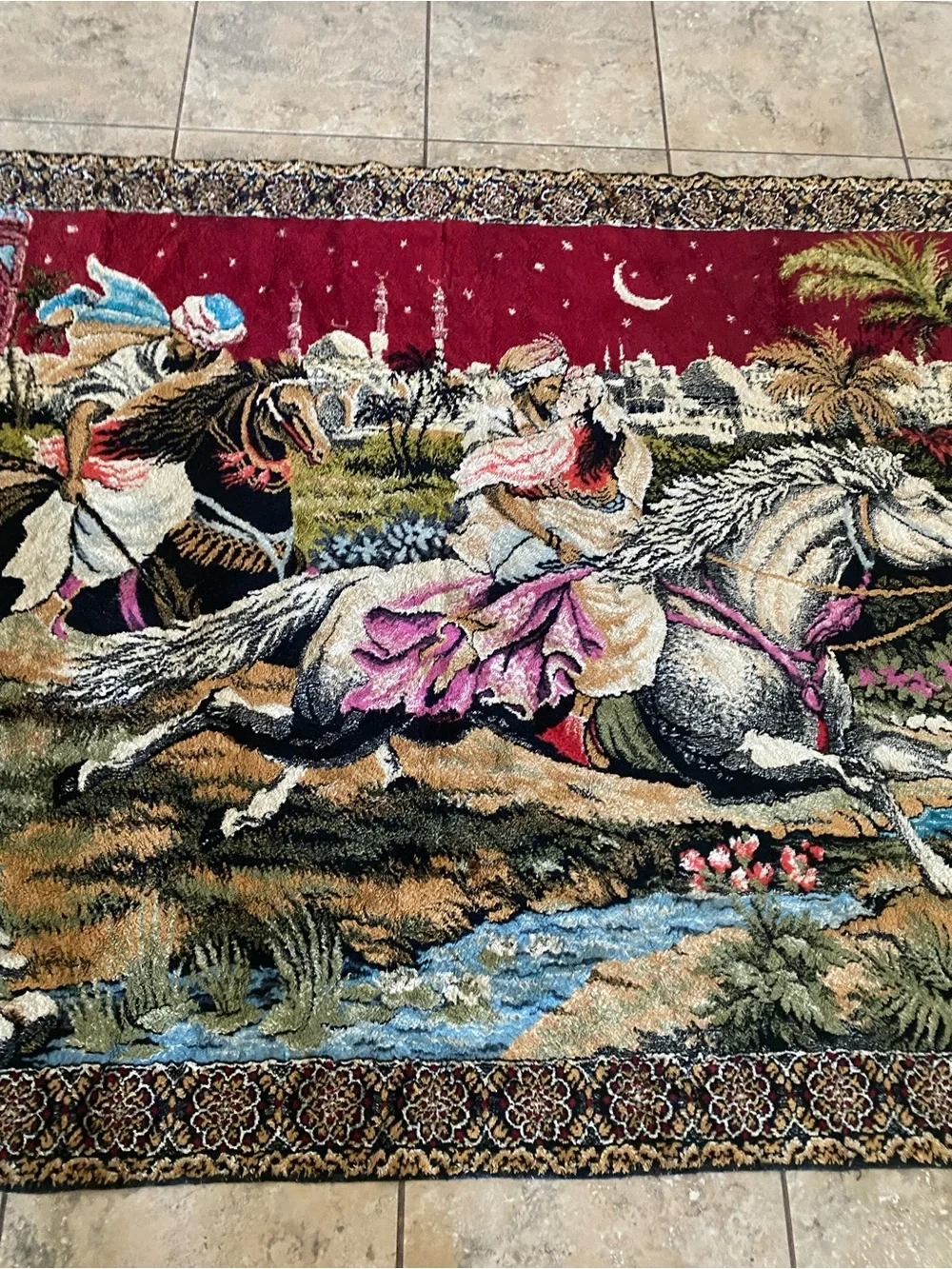 Vintage Arabian Nights Velvet Pictorial Tapestry Wall Hanging Rug Large 68”x46”